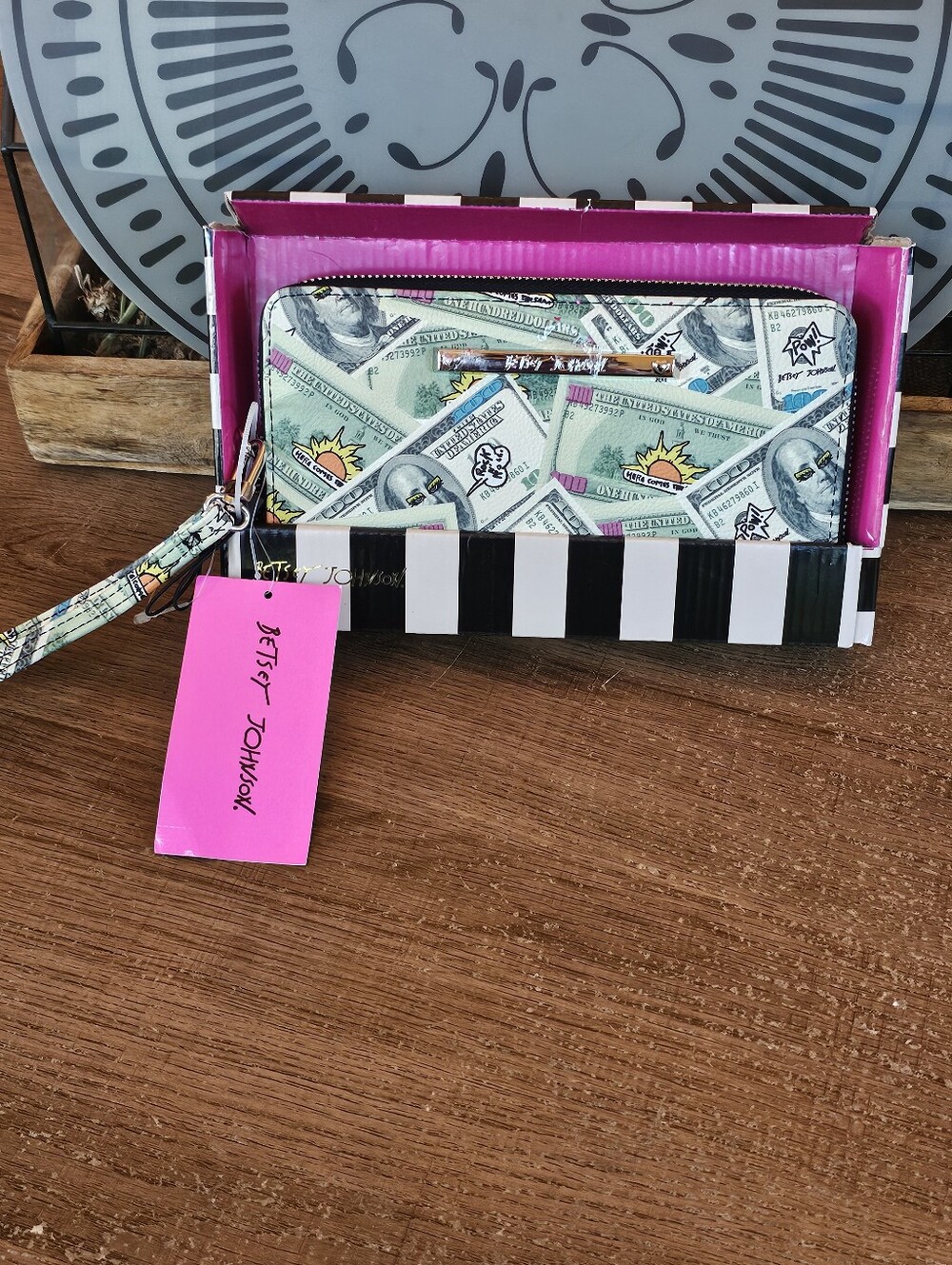Betsey Johnson Zip Around Wallet Money Doodles $ Bills Removable Strap Wristlet